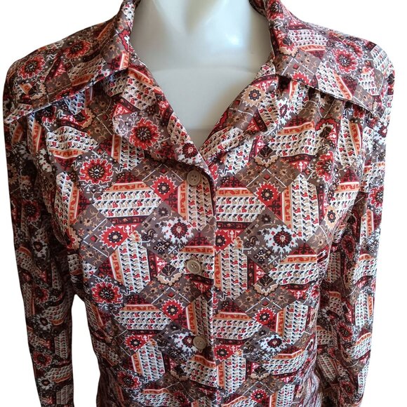 1OF1 Vintage Disco Blouse top Medium1970s Geometric Floral Print Big Collar - Picture 1 of 8